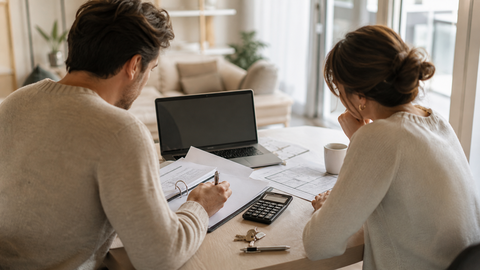 Couple préparant un dossier de crédit immobilier avec plans et calculatrice