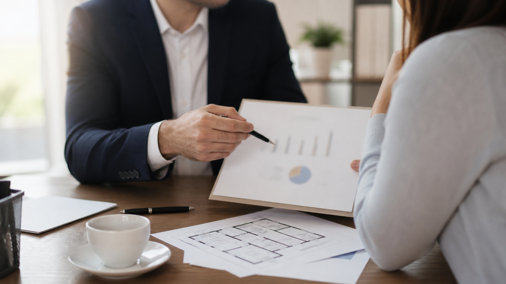 Rendez-vous de financement immobilier avec dossier et plan de maison