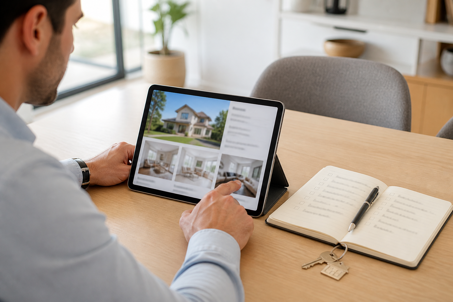 Acheteur consultant une annonce immobilière sur tablette avant une visite