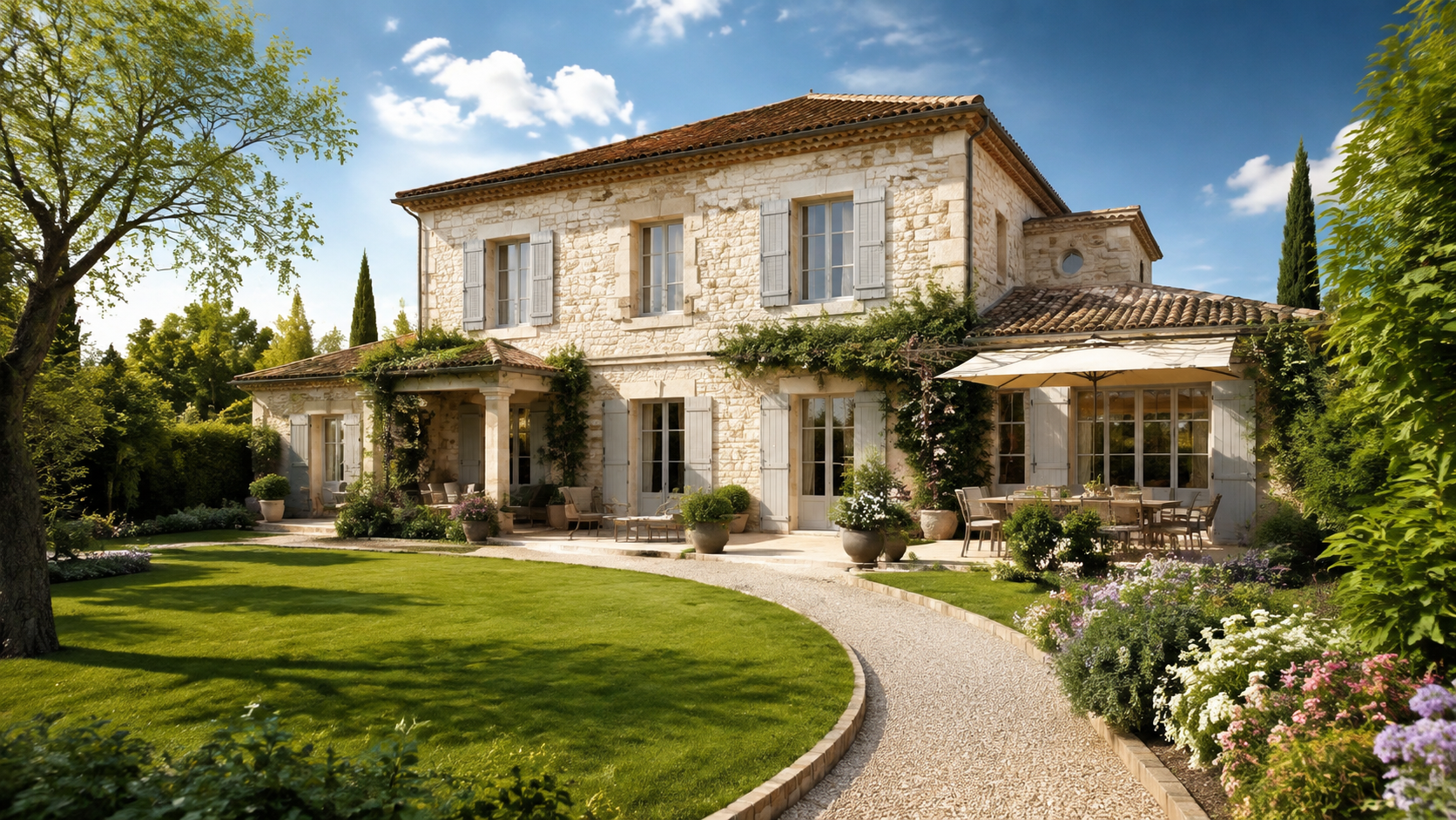 Maison en pierre avec jardin soigné avant une estimation immobilière