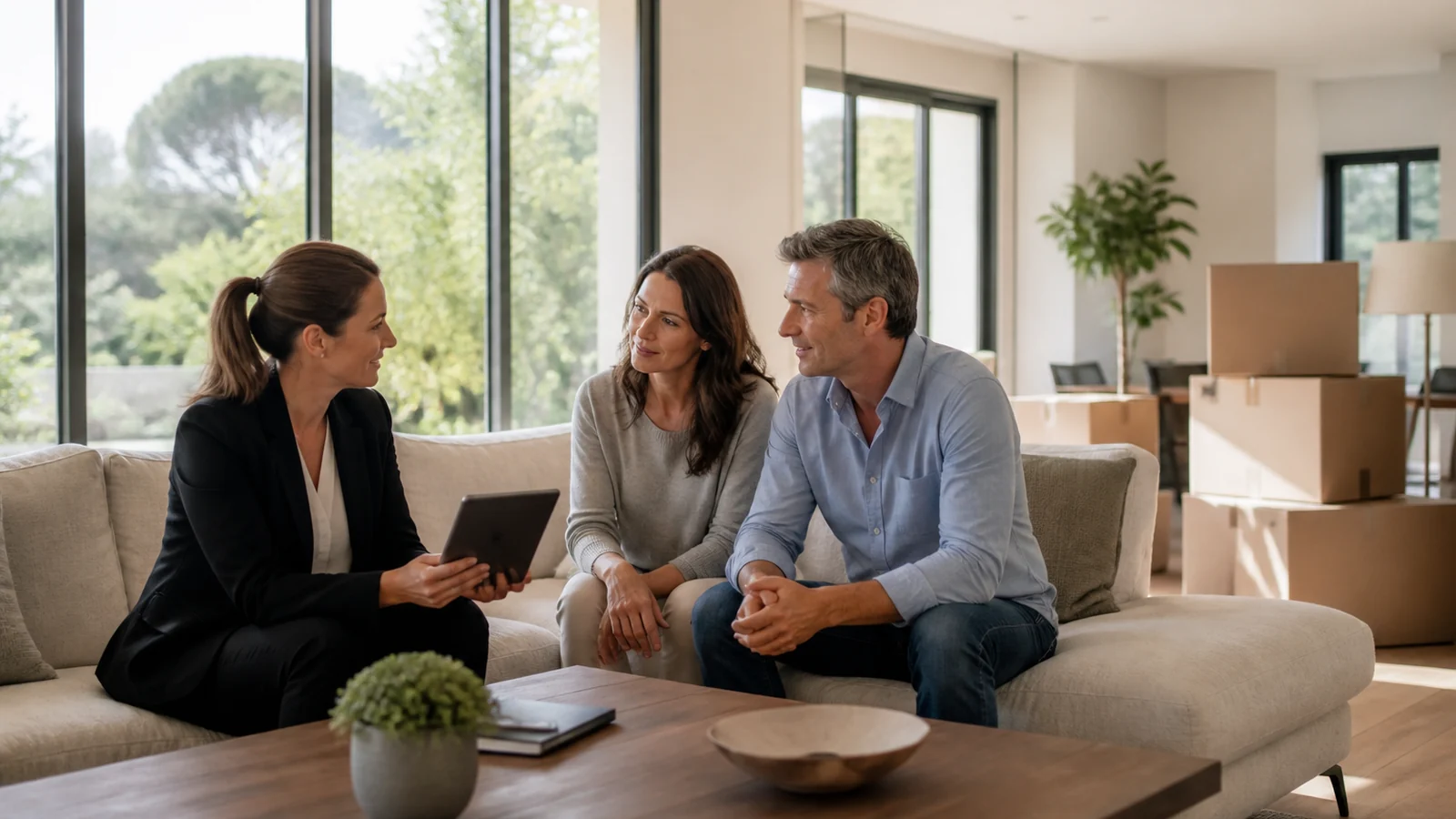 Vendeurs discutant d’une solution pour acheter avant de vendre sans prêt relais