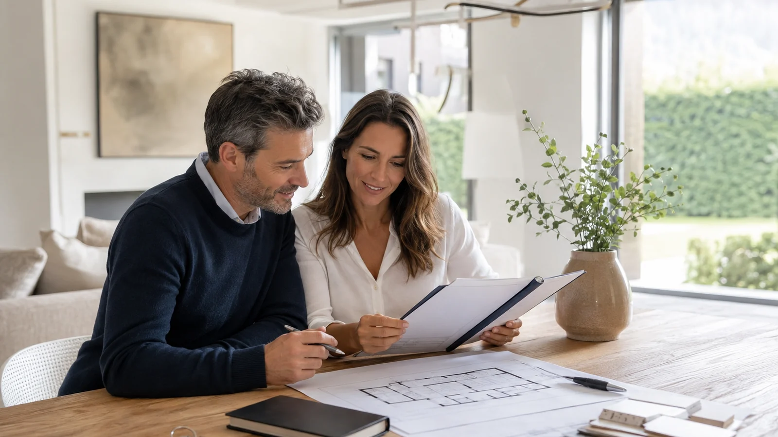 Couple préparant un achat-revente immobilier comme alternative au prêt relais