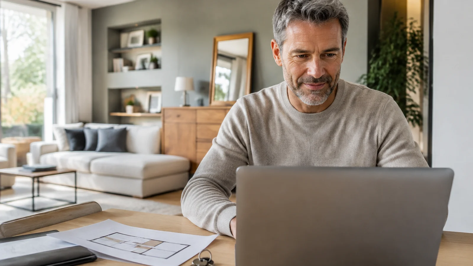 Propriétaire consultant une estimation immobilière en ligne depuis son salon