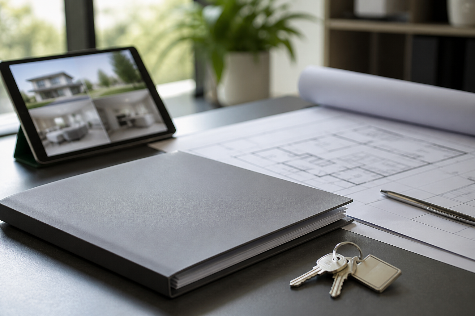 Dossier de vente immobilière avec plan, tablette et clés
