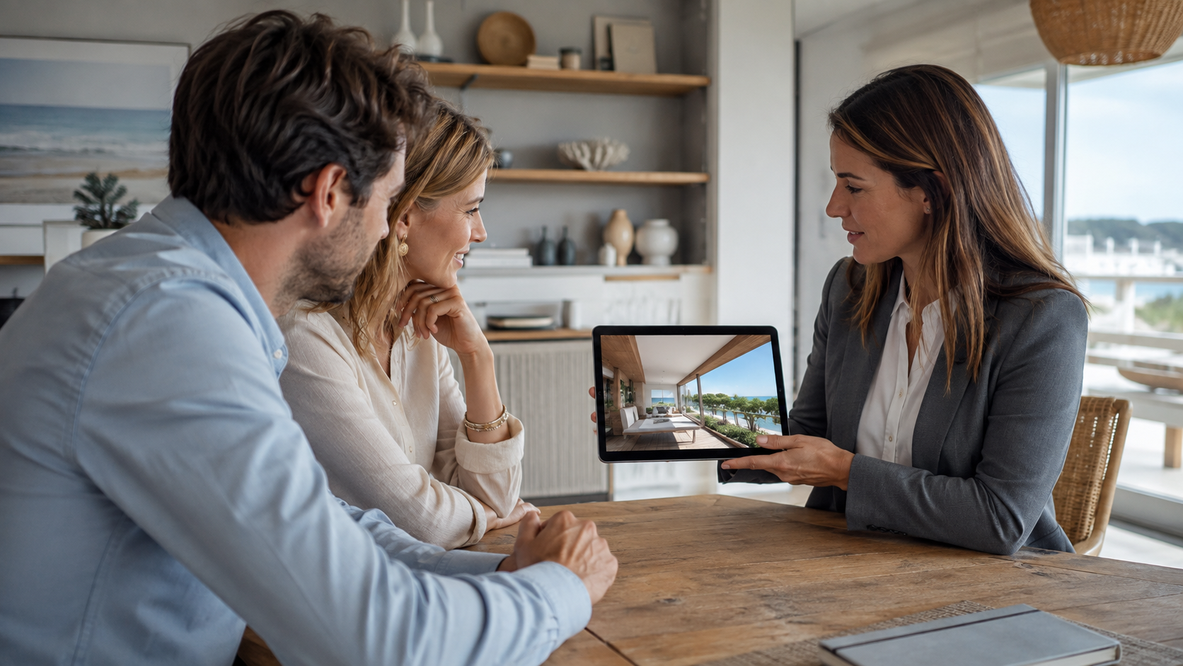 Agent immobilier présentant une visite virtuelle 3D Matterport sur tablette